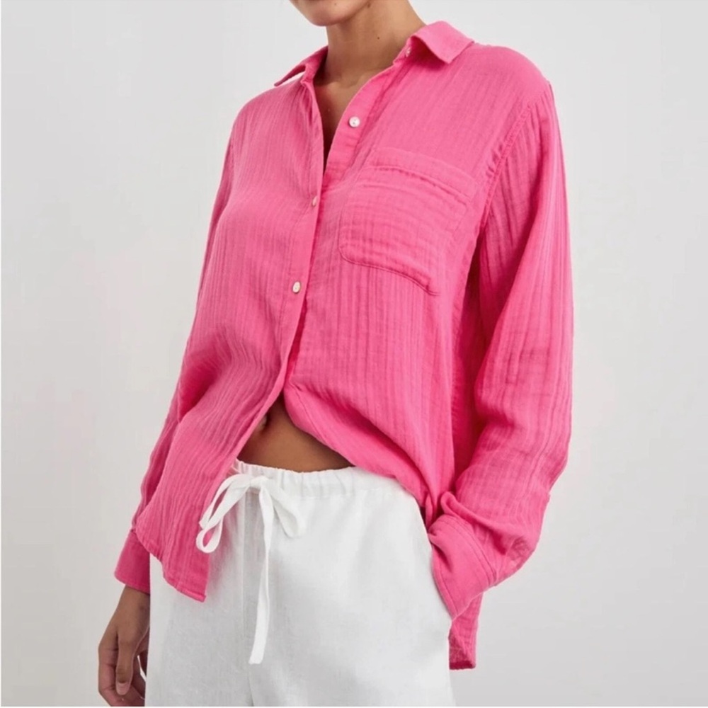 Rails Ellis Hibiscus Button Down Shirt Organic Cotton Gauze Pink Barbie‎ XL